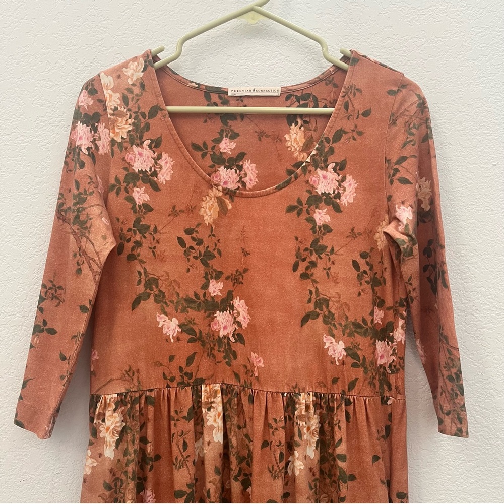 Peruvian Connection Rust Floral Midi Dress with Pink Roses - Picture 4 of 7